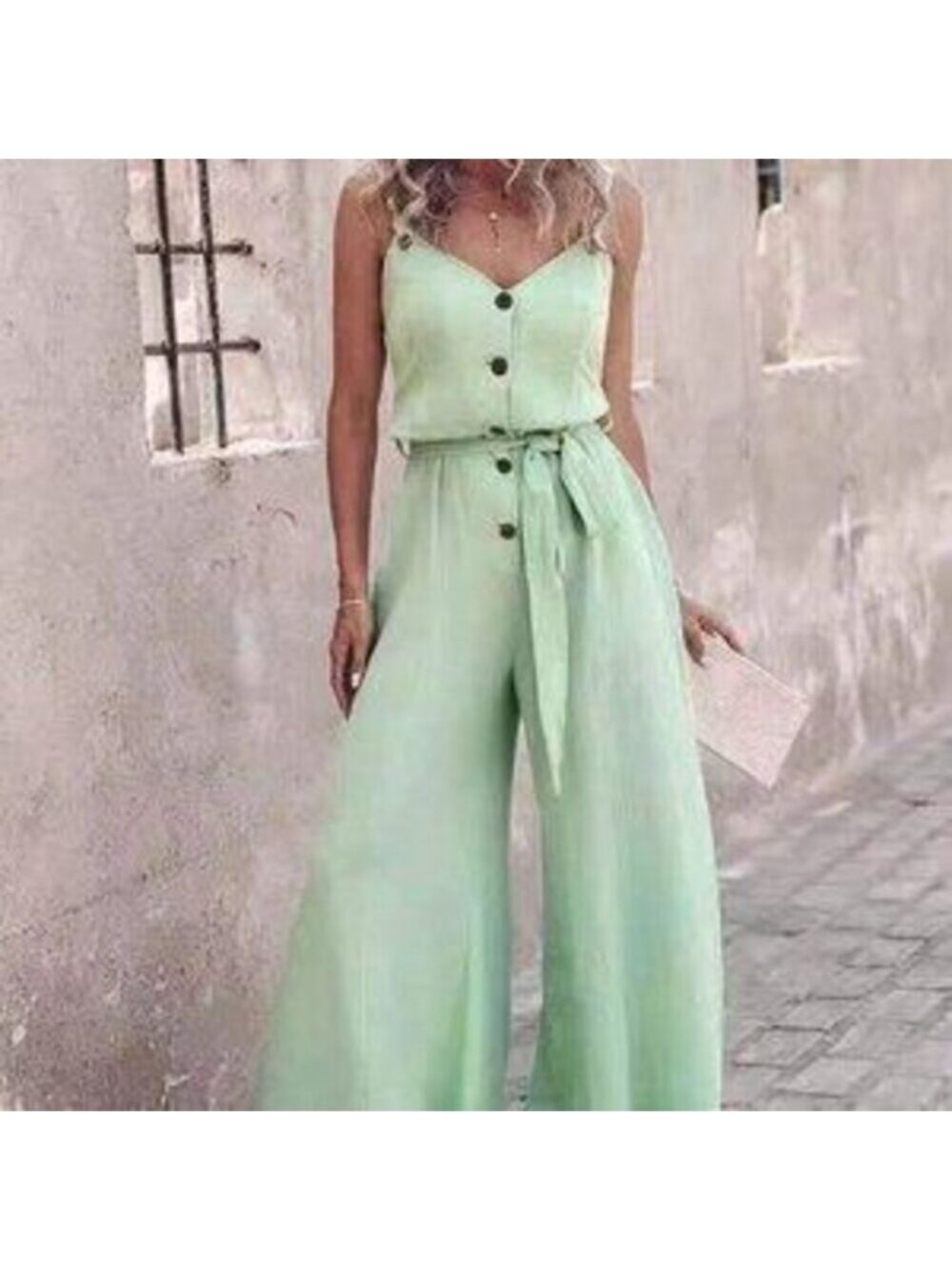 Mint Green Casual Women's Half-Placket Wide Leg Loose Jumpsuit